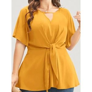 NWT Bloomchic Front Knot Ruffle Sleeve Blouse 1X Yellow